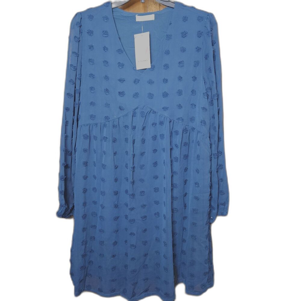 KIRUNDO Women’s Swiss Dot Babydoll Dress Small‎ Blue Long Sleeve Flowy Boho